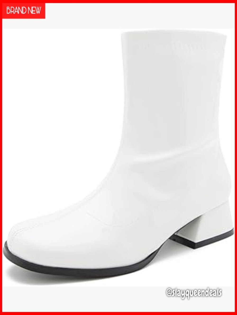 Mid Calf Gogo Boots, Square Toe, Side Zipper, Block Heel, Synthetic Leather